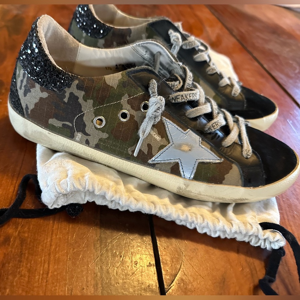 Camo Golden Goose Super Star with Light Blue Star